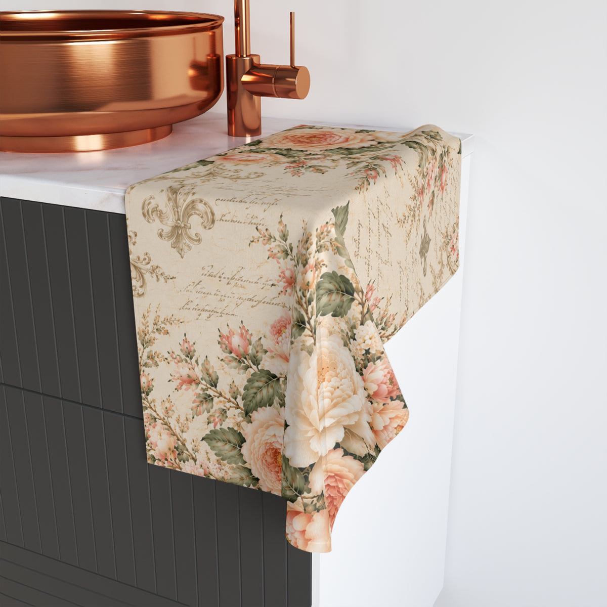 Peach Rose Château Hand Towel, French Country Script Fleur de Lis, Peach Floral Towel, Soft Sage Chateaucore Bathroom Decor
