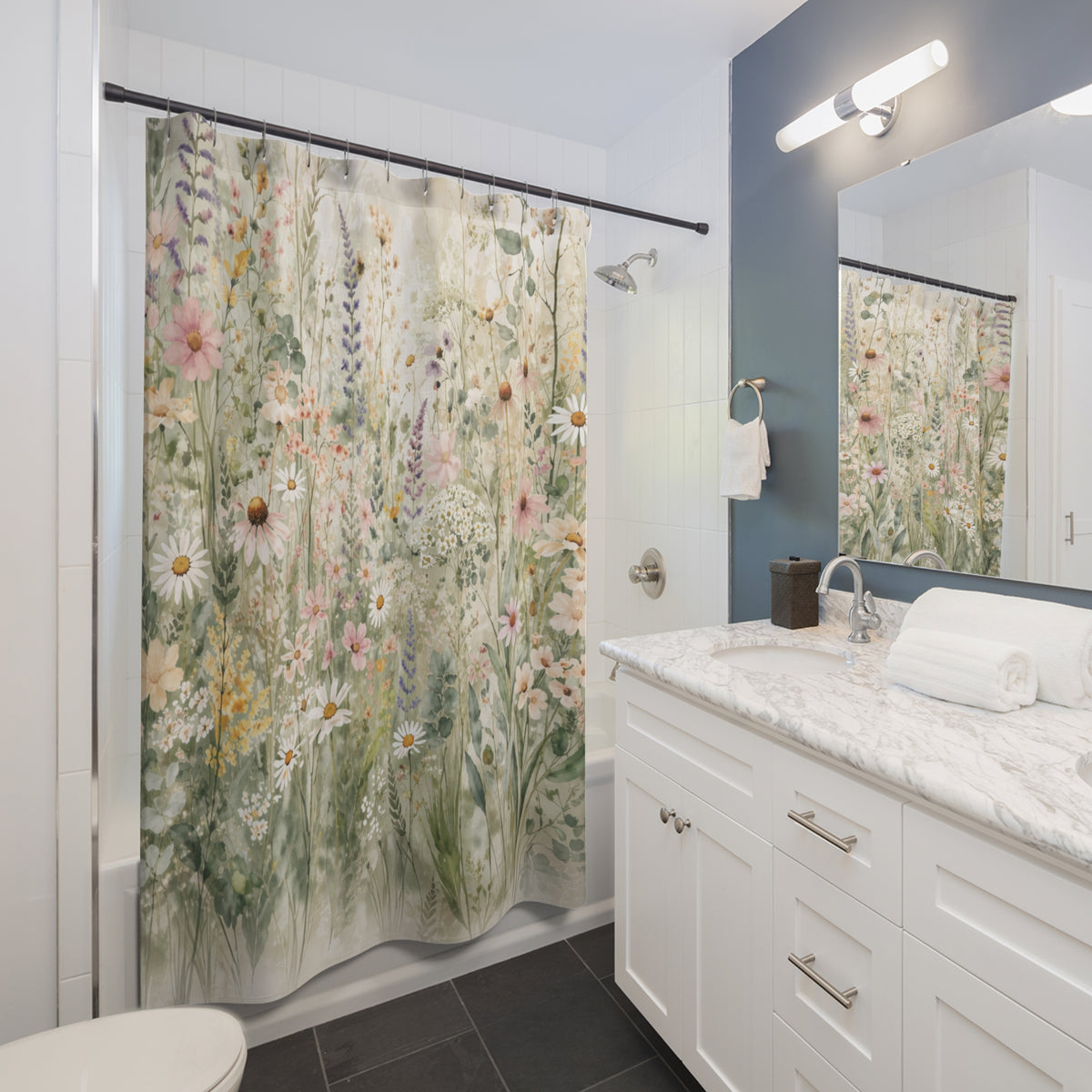 Wildflowers Colorful Fabric Shower Curtain Towel Bathmat Set Forest Bathroom Decor Bundle Interior Design Luxury Water Resistant Accessory