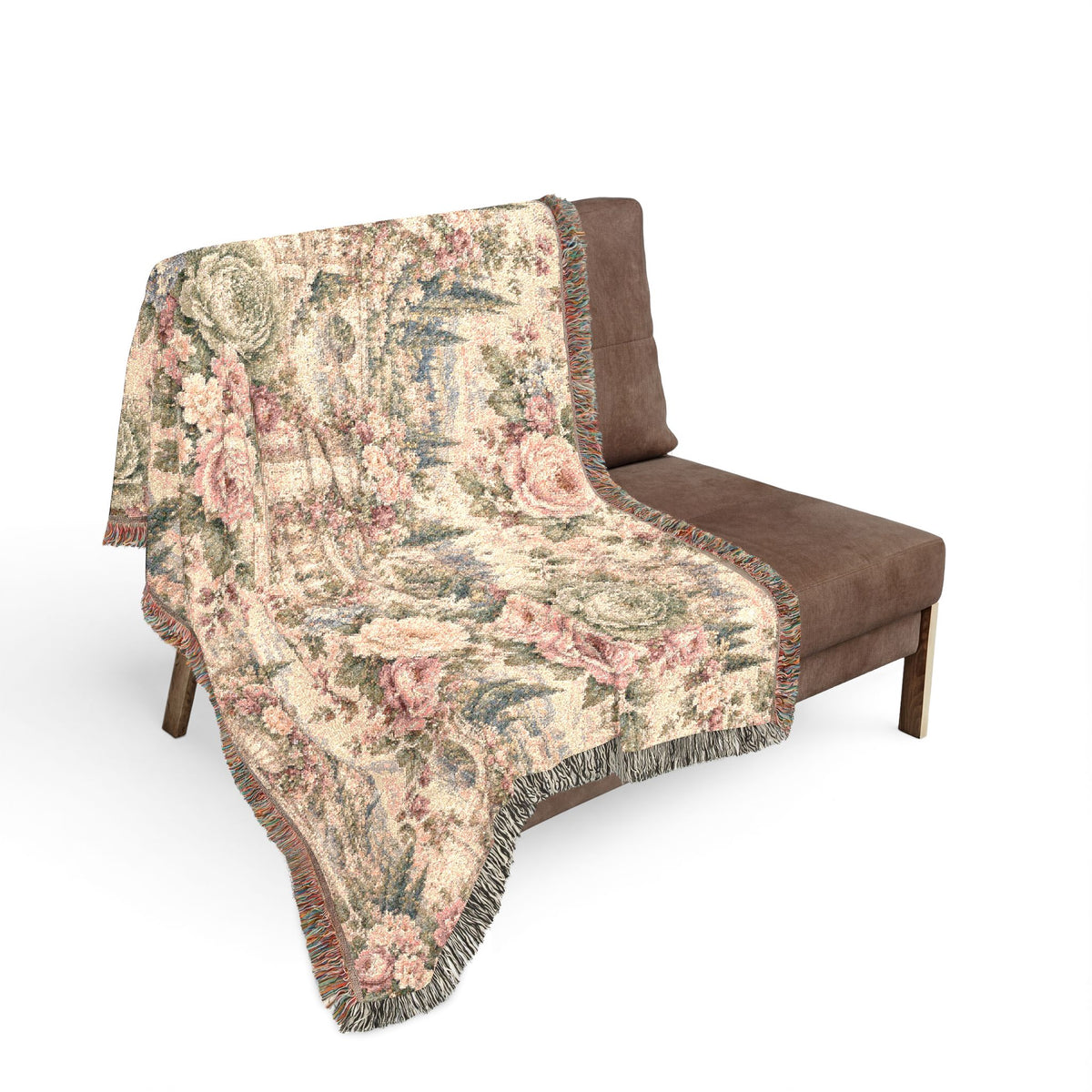 Antique Rose Cabbage Chintz Woven Blanket – French Country Floral Tapestry Throw, Romantic Grandmillennial Decor