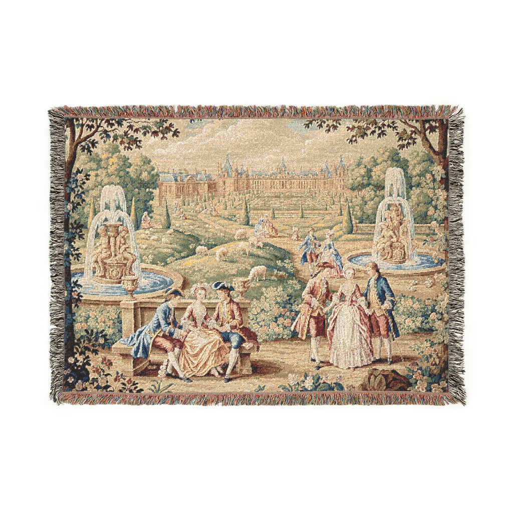 French Chateau Garden Woven Tapestry Blanket – Victorian Rococo Palace Scene, Antique French Country Wall Hanging, Versailles Inspired Home Decor