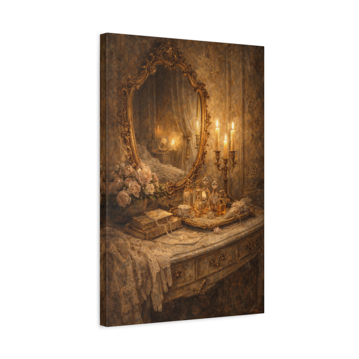 French Country Perfume Vanity Canvas Wall Art Print, Chateaucore Floral Wall Hanging Decor, Victorian Romantic Home Decor, Gift Mom Grandma