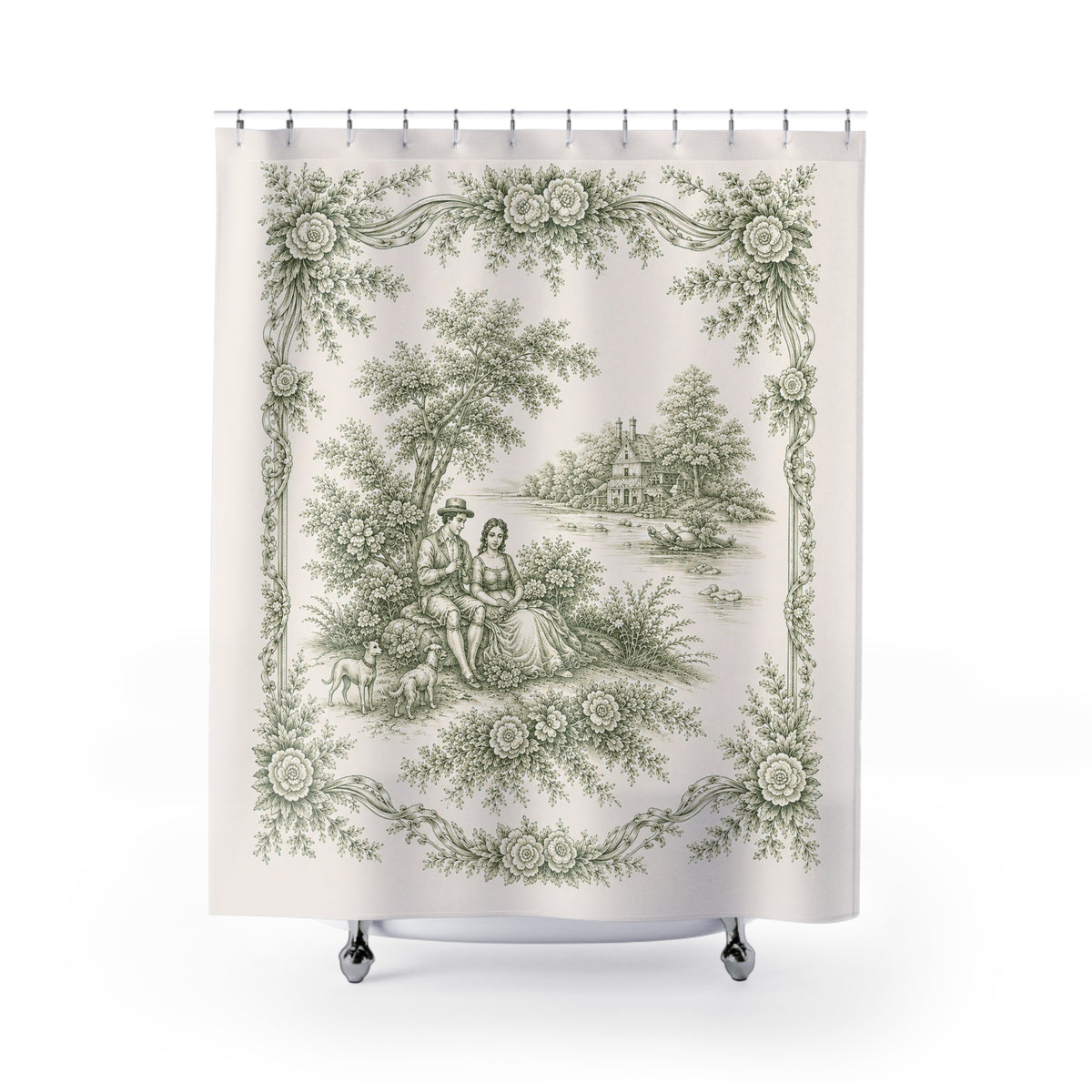 Sage Green French Toil Floral Shower Curtain, Victorian Bathroom Decor, Vintage Country Cottage, Shabby Chic, Farmhouse, Housewarming Gift