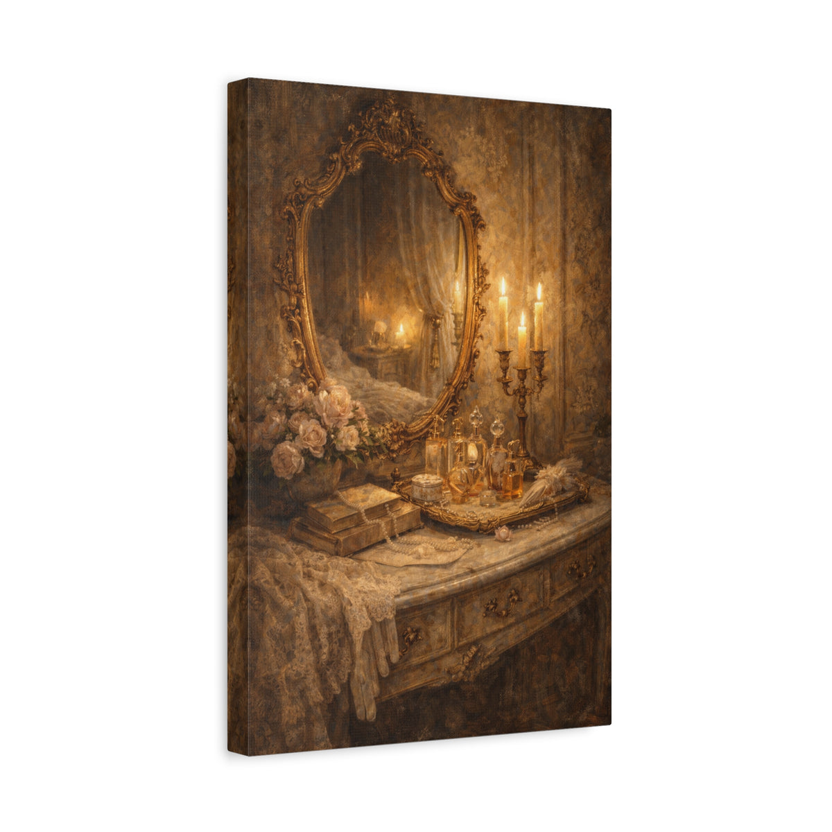 French Country Perfume Vanity Canvas Wall Art Print, Chateaucore Floral Wall Hanging Decor, Victorian Romantic Home Decor, Gift Mom Grandma