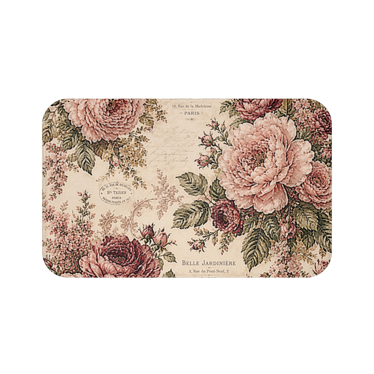 Vintage French Rose Memory Foam Bathmat – Burgundy Pink Blush Floral Paris Script Romantic Botanical, Victorian Chateaucore Bathroom Rug Decor