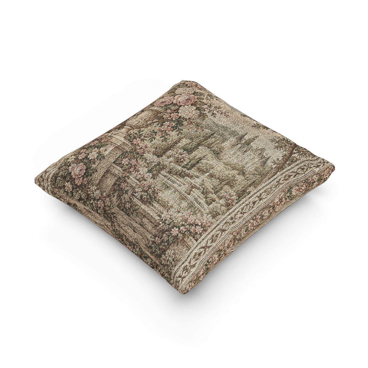 French Chateau Garden Woven Tapestry Pillow with Insert – Vintage Aubusson Rose Estate, Romantic French Country Chateaucore Decor