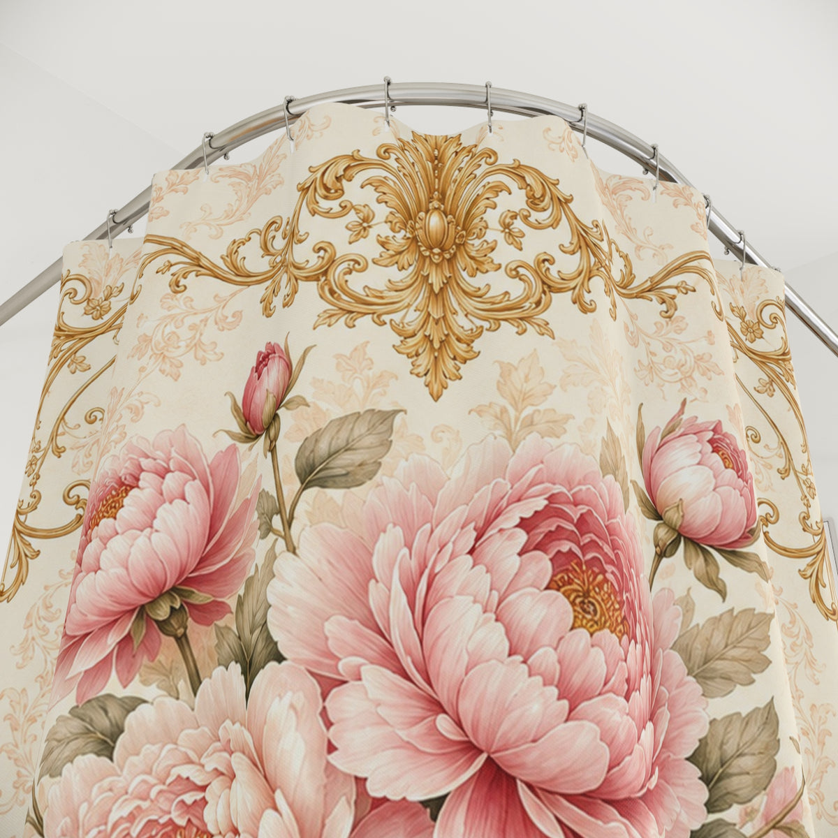 Pink Peonies Roses Floral Gold Scrollwork Fabric Shower Curtain, Victorian Rococo Decor, French Country Cottage, Shabby Chic Bathroom Makeover