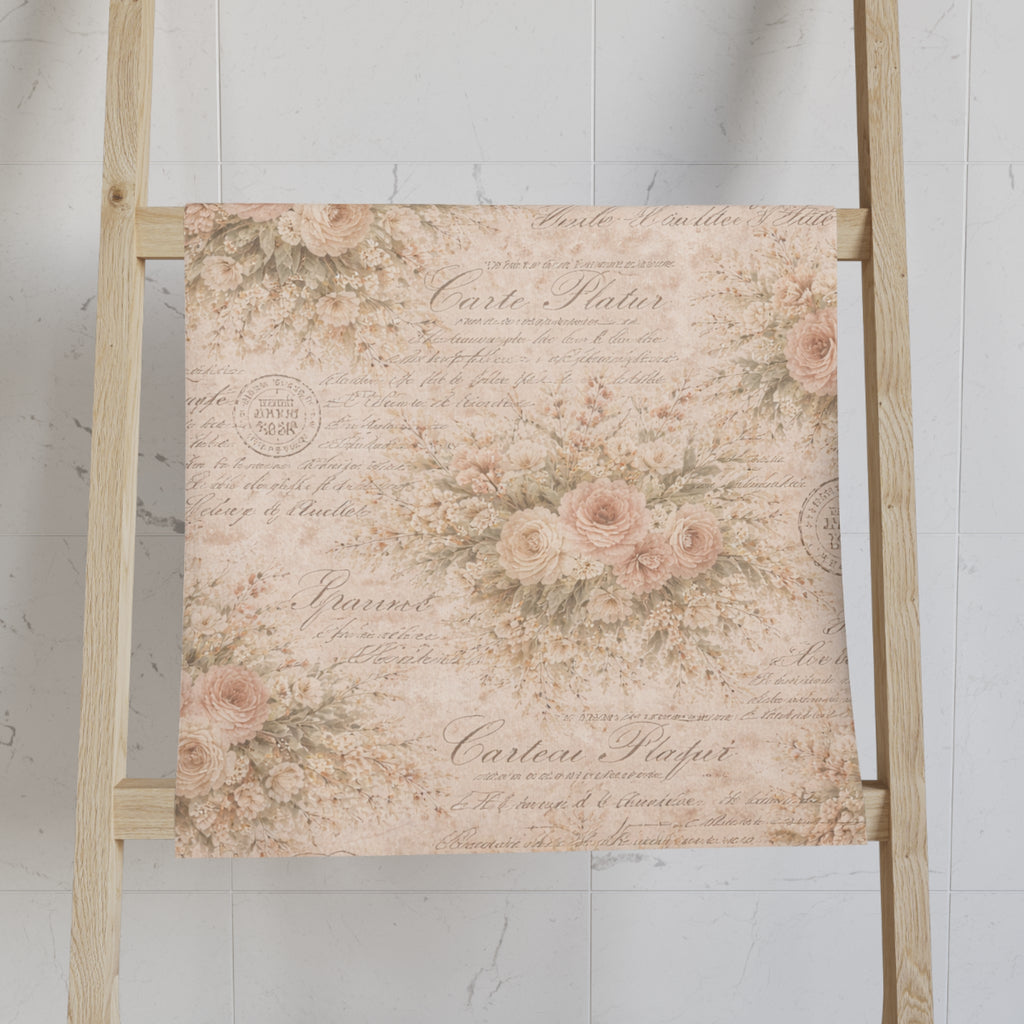 Blush Pink Rose & French Script 5-Piece Bathroom Bundle, Shower Curtain, Memory Foam Bath Mat & Towel Set, French Country Chateaucore Decor