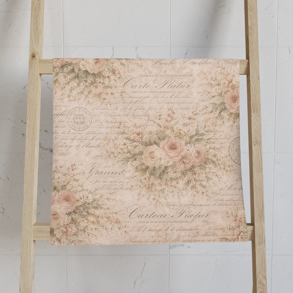 Blush Pink Rose & French Script 5-Piece Bathroom Bundle, Shower Curtain, Memory Foam Bath Mat & Towel Set, French Country Chateaucore Decor