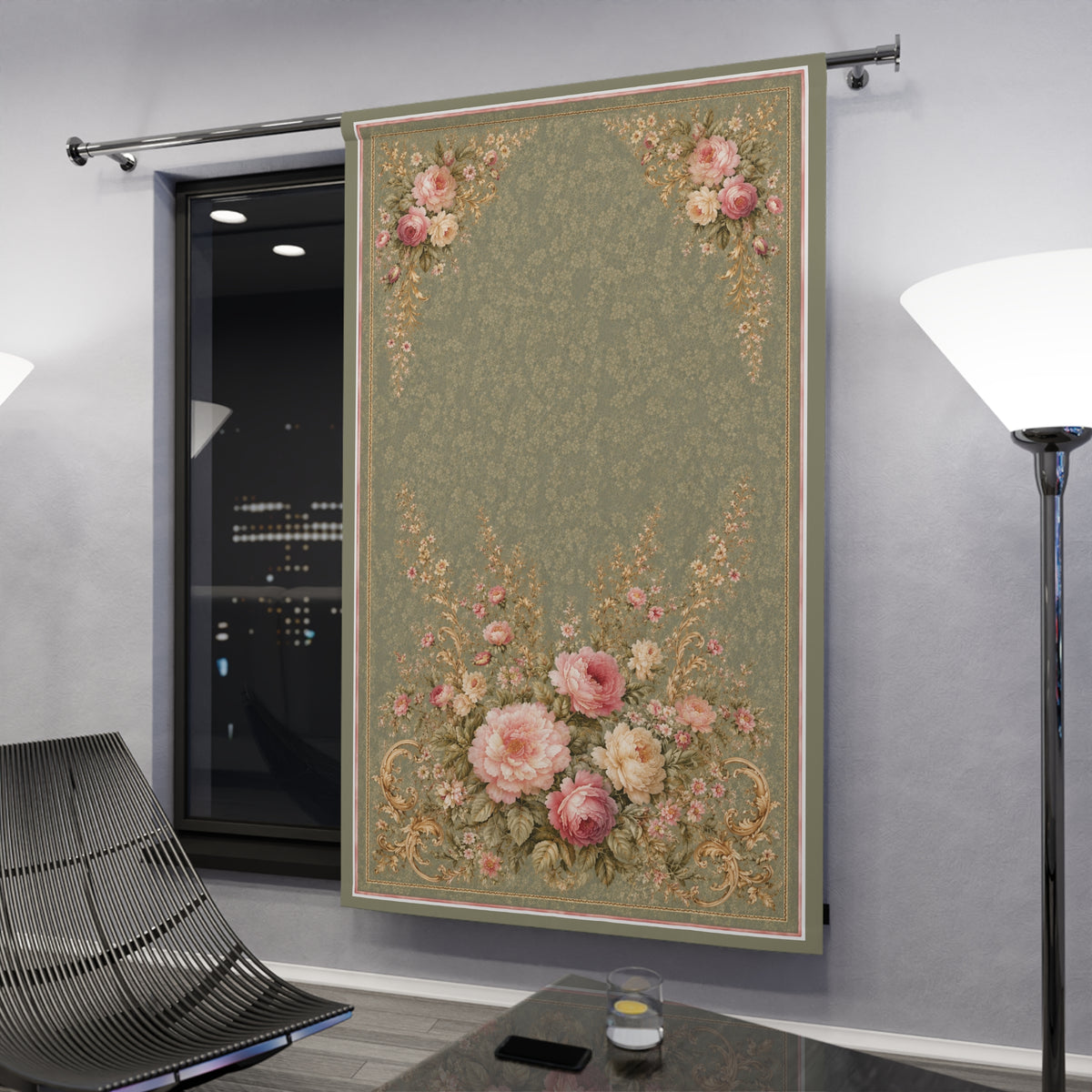 Victorian Sage Gold Pink Floral Rose Pattern Long Black Out Curtains,  Chateaucore French Country  Green Rose Window Curtains
