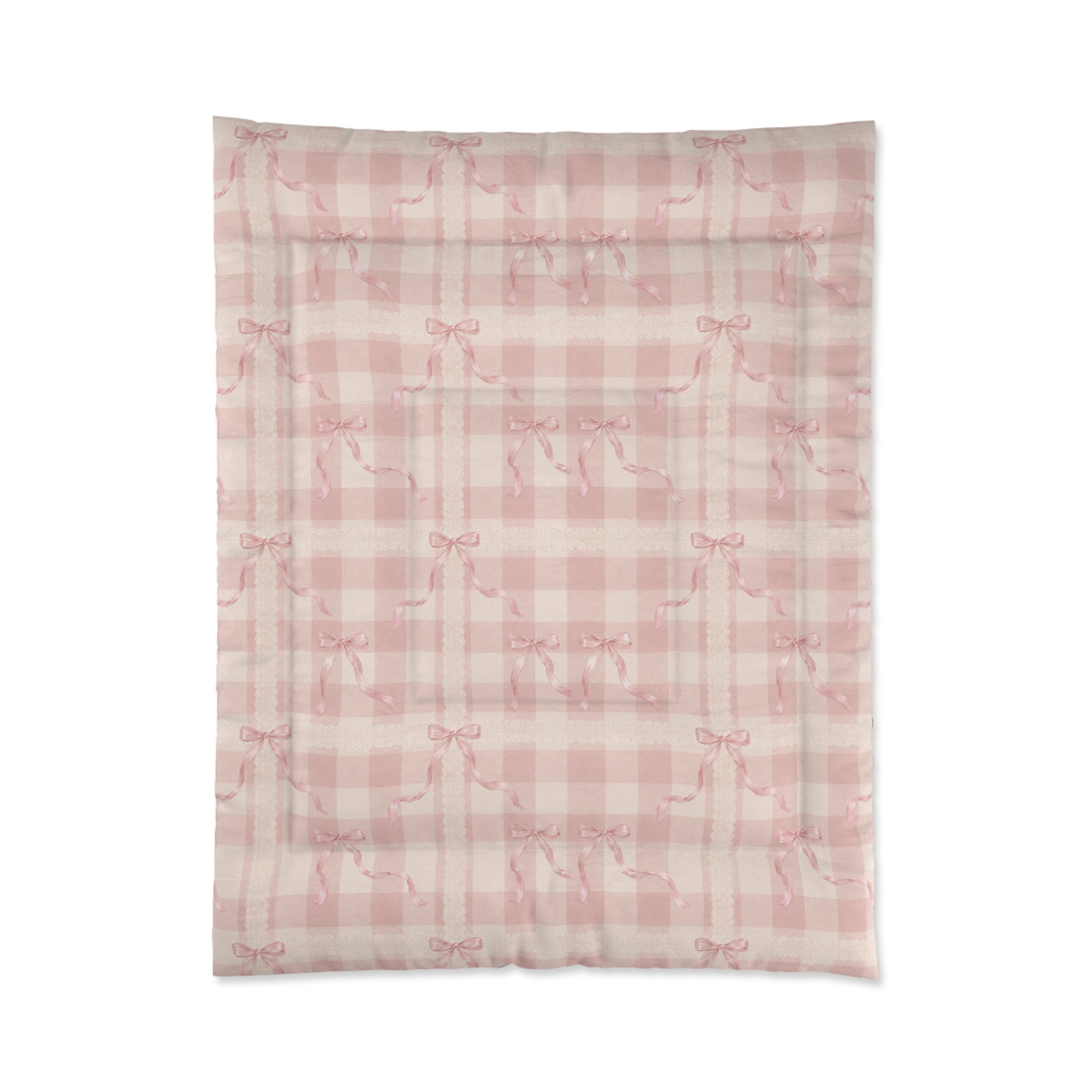 Pink Coquette Comforter Set | French Country Bedding Shabby Chic Gingham Lace Bow Bedspread Cottagecore Bedroom Decor