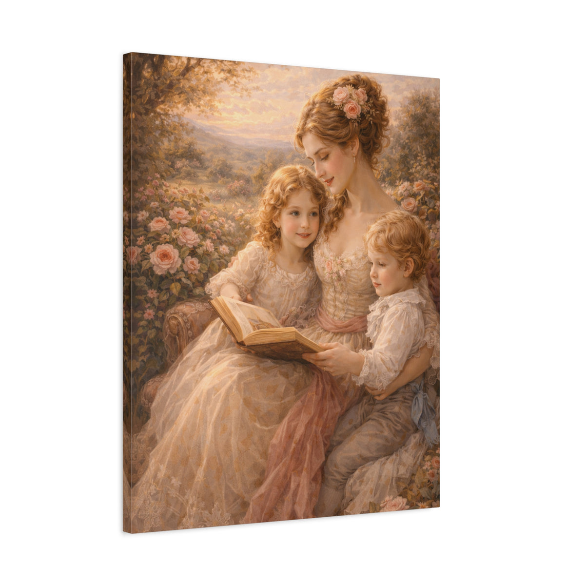 Victorian Pink Mom Reading Children Roses Canvas Wall Art Print, Woman Kids Wall Hanging Decor, Bookish  Bedroom Decor, Gift for Mom
