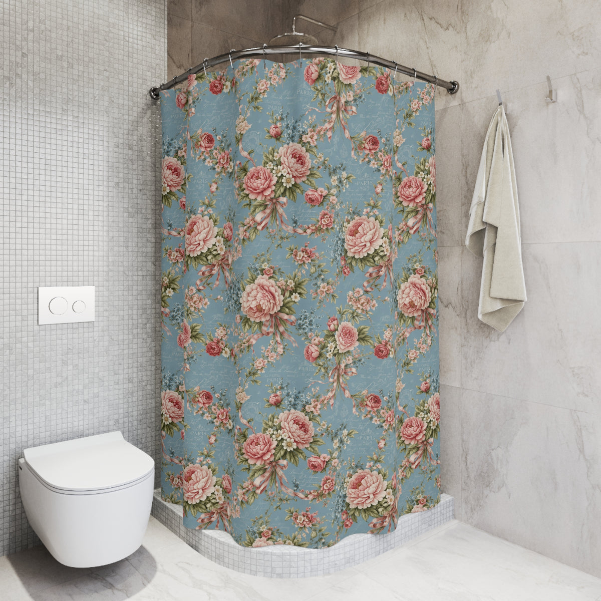 Pink Peonies Ribbons Blue Floral Fabric Shower Curtain, Victorian Bathroom, Chateaucore French Country Cottage, Shabby Chic Bath Decor