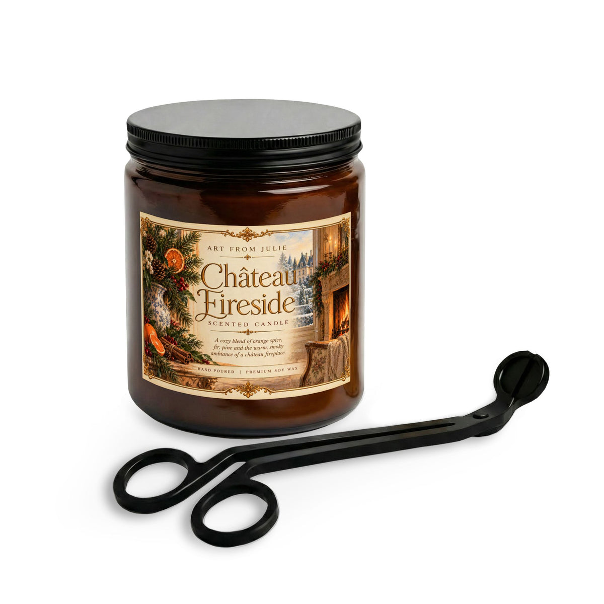 Château Fireside Candle Gift Set, Orange Spice, Fir & Pine Scented Candle with Matte Black Wick Trimmer, French Country Home Fragrance