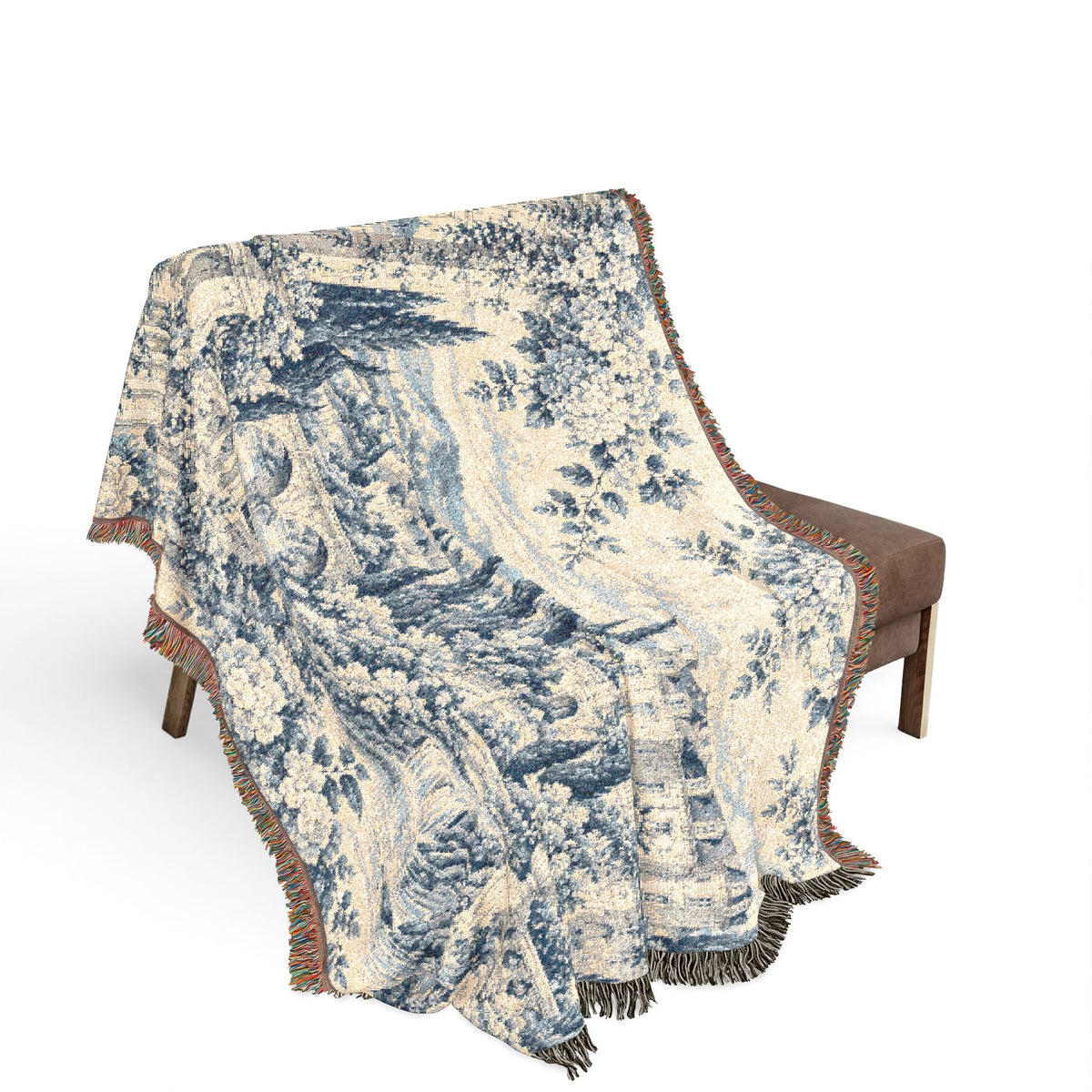 Faded Blue & Ivory Toile de Jouy Chateau Woven Blanket – French Country Tapestry Throw, Romantic Vintage Decor