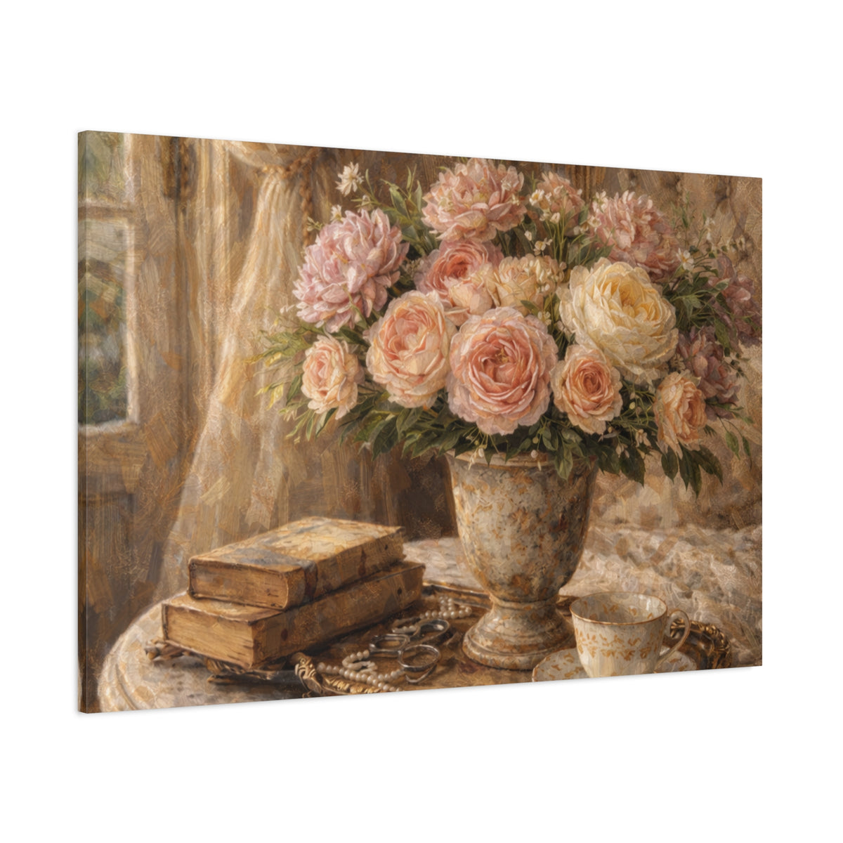 French Country Books Roses Canvas Wall Art Print, Chateaucore Floral Wall Hanging Decor, Victorian Romantic Home Decor, Gift Mom Grandma