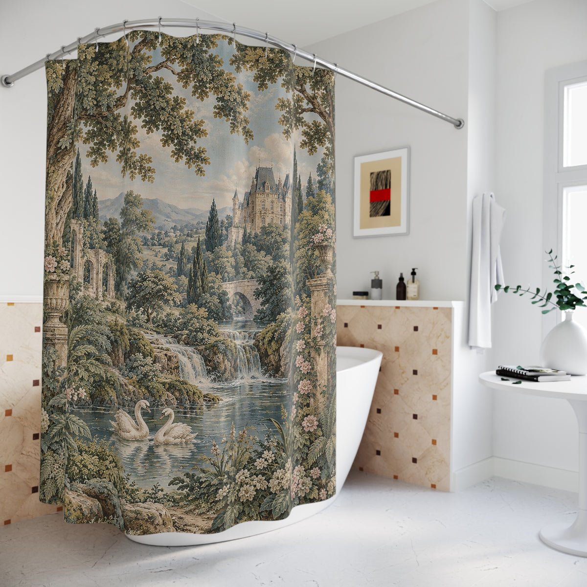 French Verdure Shower Curtain – Chateau Garden Swans – Vintage Aubusson French Country Bathroom Decor