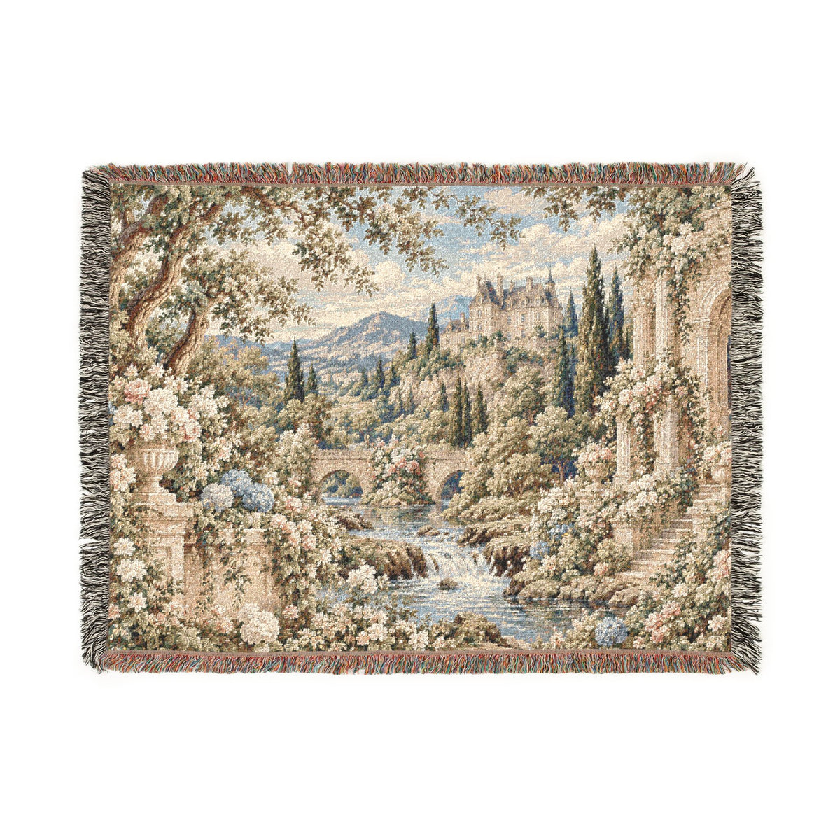 French Verdure Chateau Woven Blanket – Romantic Castle Garden Tapestry Throw, French Country Cottagecore Decor