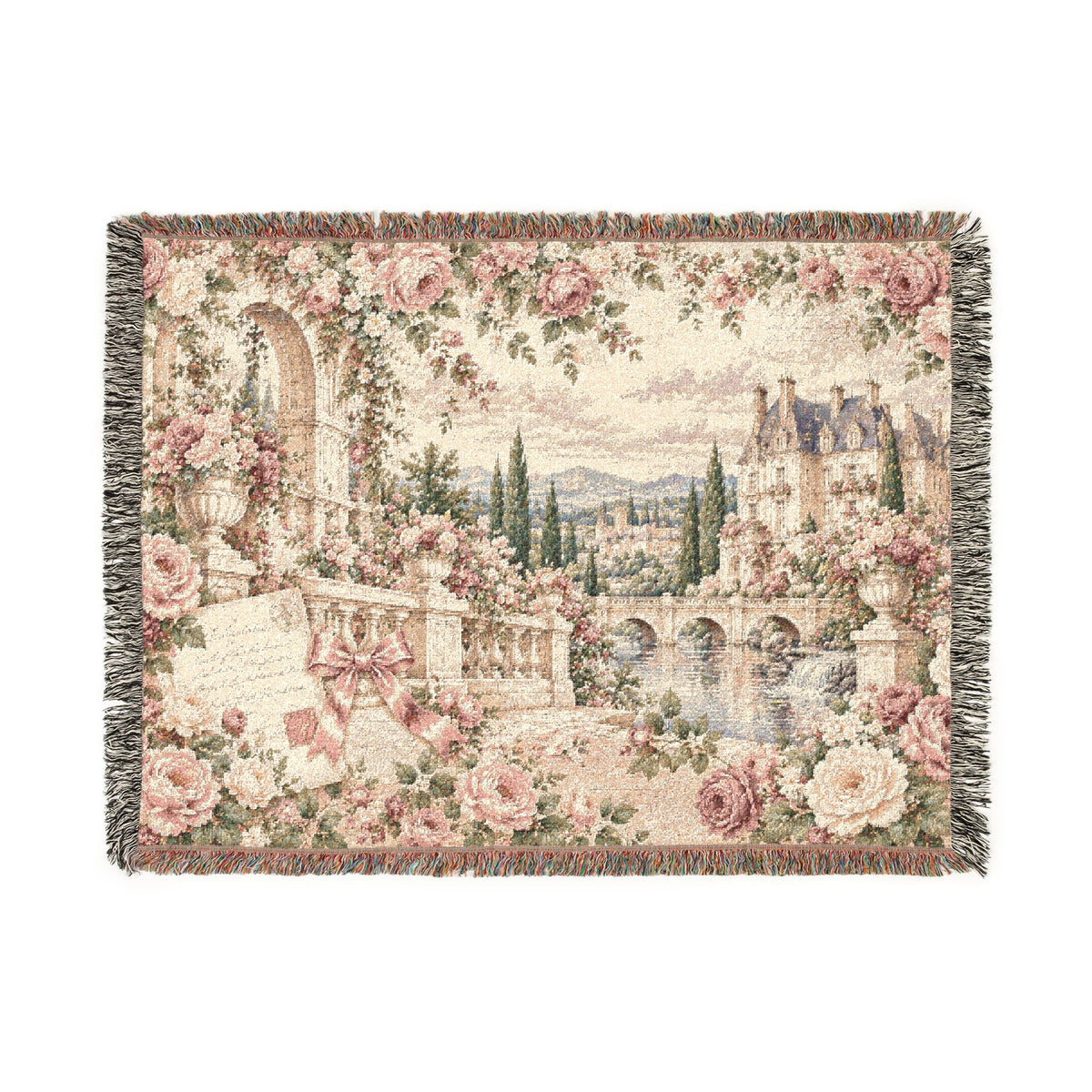Love Letter Chateau Roses Woven Blanket – Vintage French Floral Tapestry Throw, Romantic Cottagecore Decor