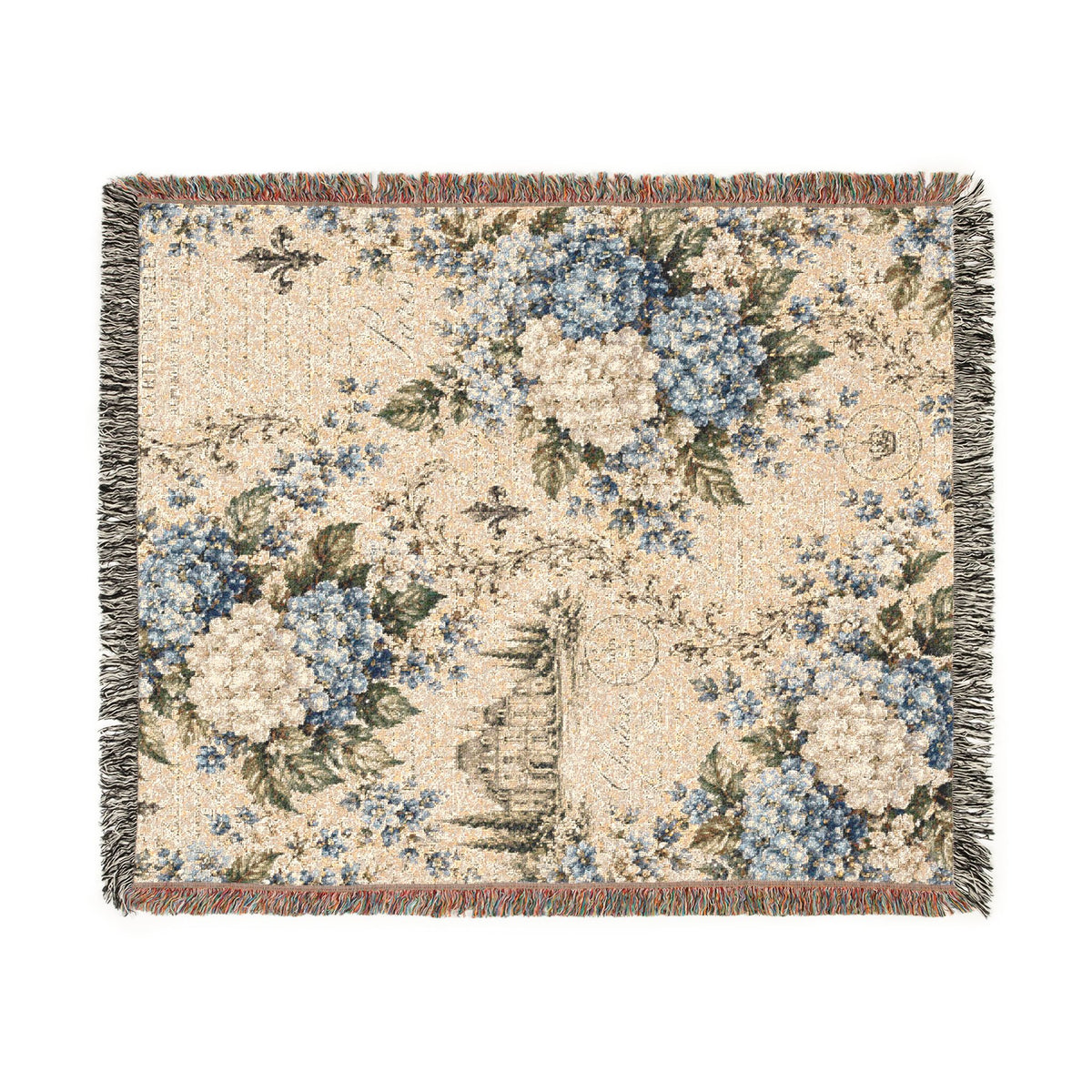 Blue Hydgrangea French Script Woven Throw Blanket – Vintage French Country Heirloom Floral Fringed Quilt, Tapestry Wall Hanging