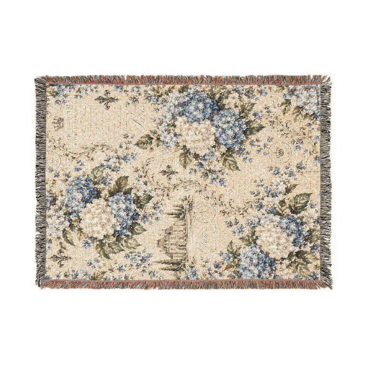 Blue Hydgrangea French Script Woven Throw Blanket – Vintage French Country Heirloom Floral Fringed Quilt, Tapestry Wall Hanging