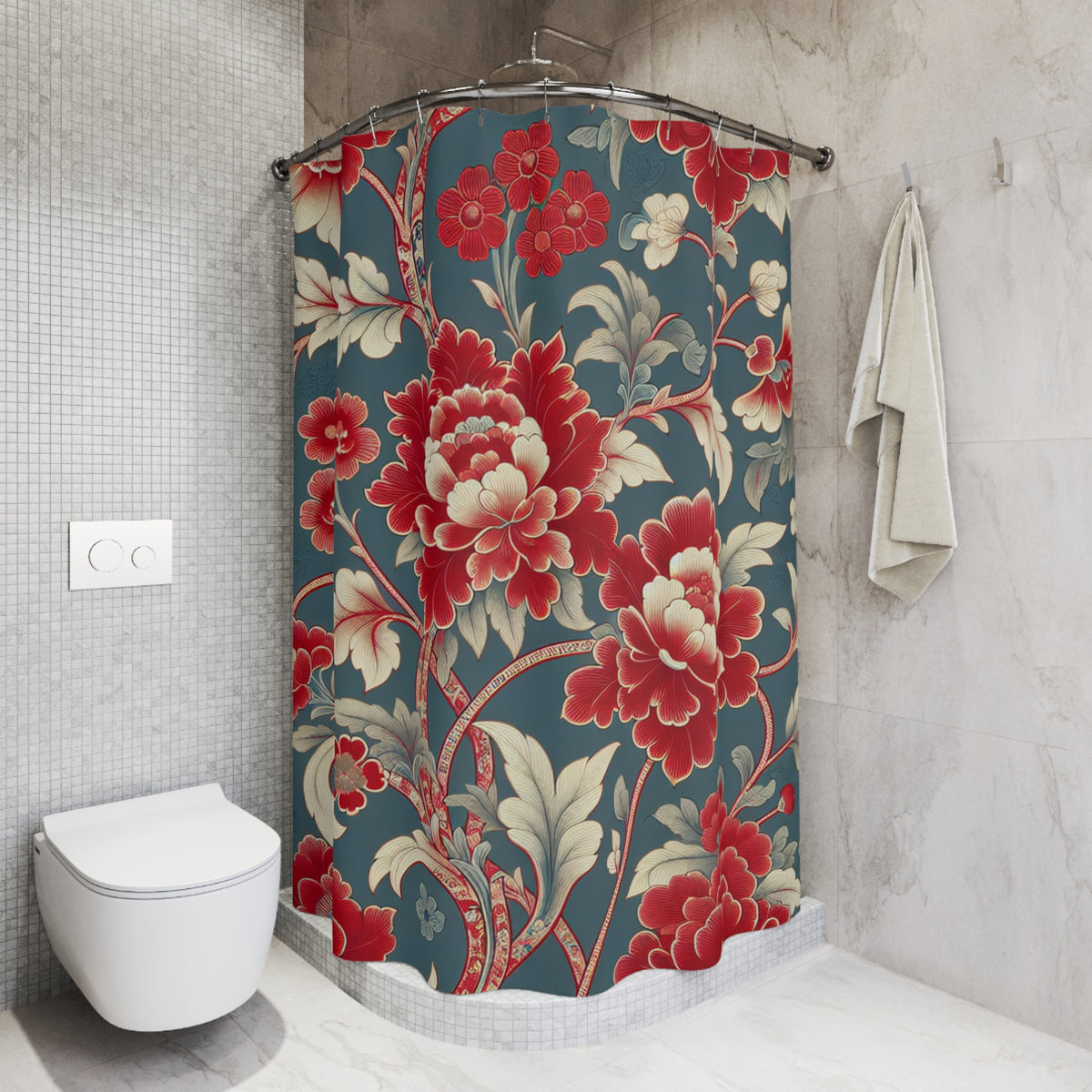 Red Green Floral Chinoiserie Floral Fabric Shower Curtain Victorian Bathroom Vintage Country Cottage Shabby Chic Housewarming Gift