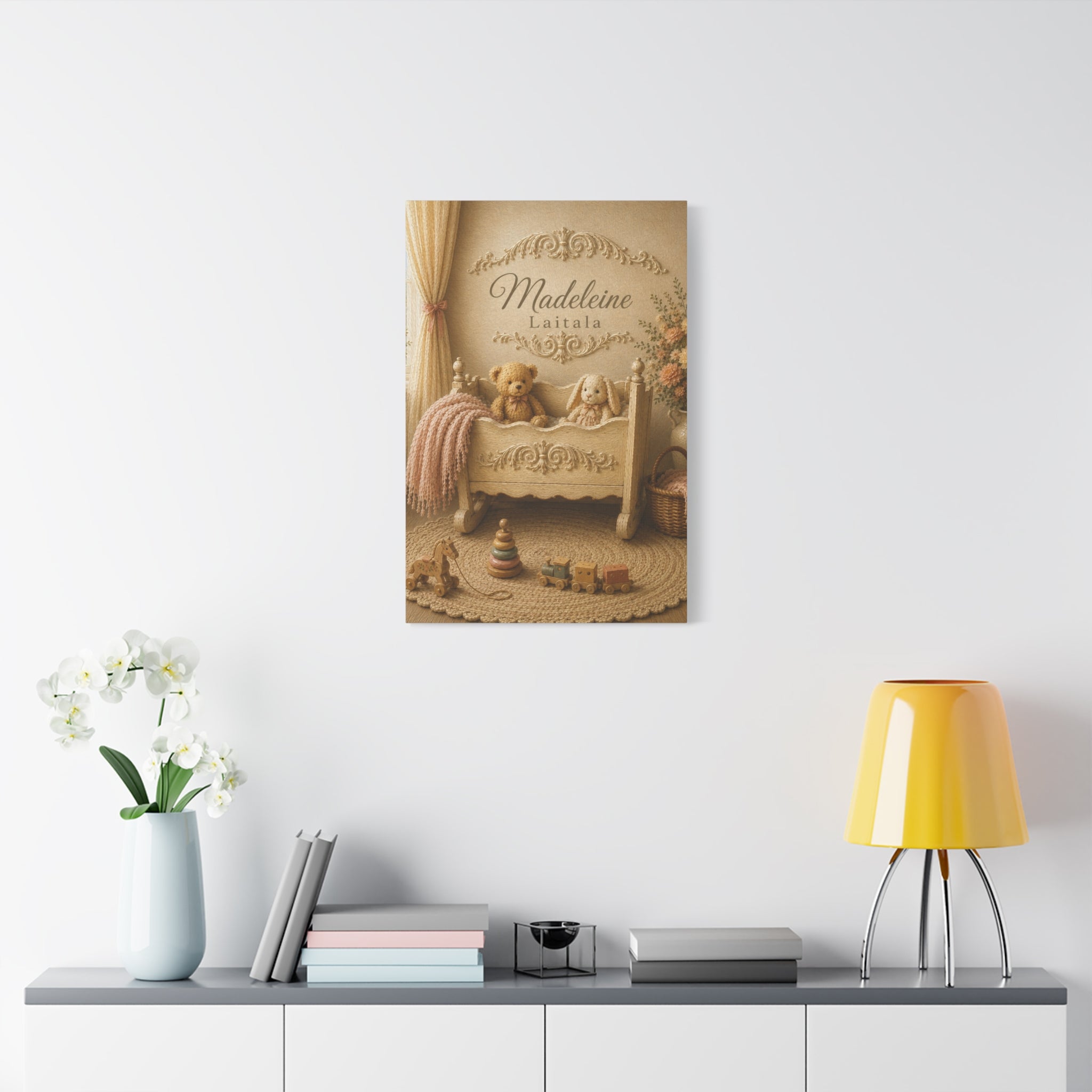 Personalized Nursery Canvas Wall Hanging – Vintage Cradle Toys Custom Name Baby Room Wall Art - Ready to Hang - Baby Shower Gift