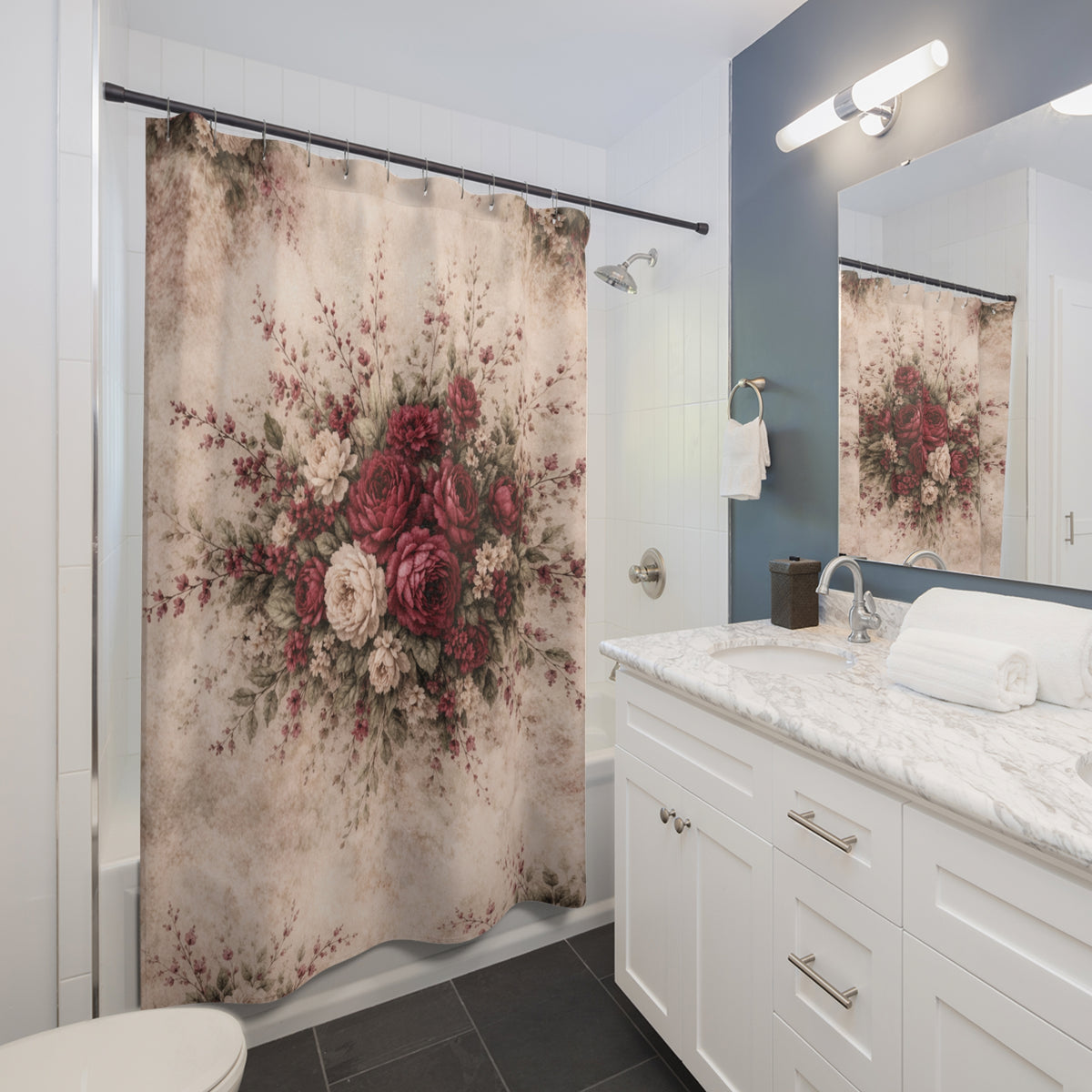 Burgundy Rose Memory Foam Bathmat, Floral  Shower Curtain, French Country Chateaucore Victorian Shabby Chic Romantic Decor
