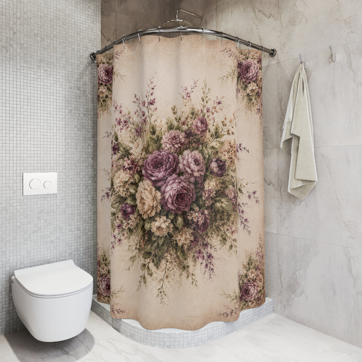 Chateaucore Muted Plum Roses Floral Fabric Shower Curtain, Victorian Bathroom Decor, French Country Cottage, Shabby Chic Bath