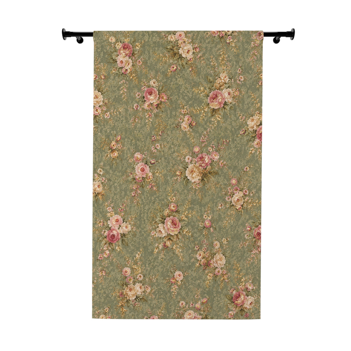 Victorian Sage Gold Pink Floral Rose Pattern Long Black Out Curtains, Chateaucore French Country Green Rose Window Curtains