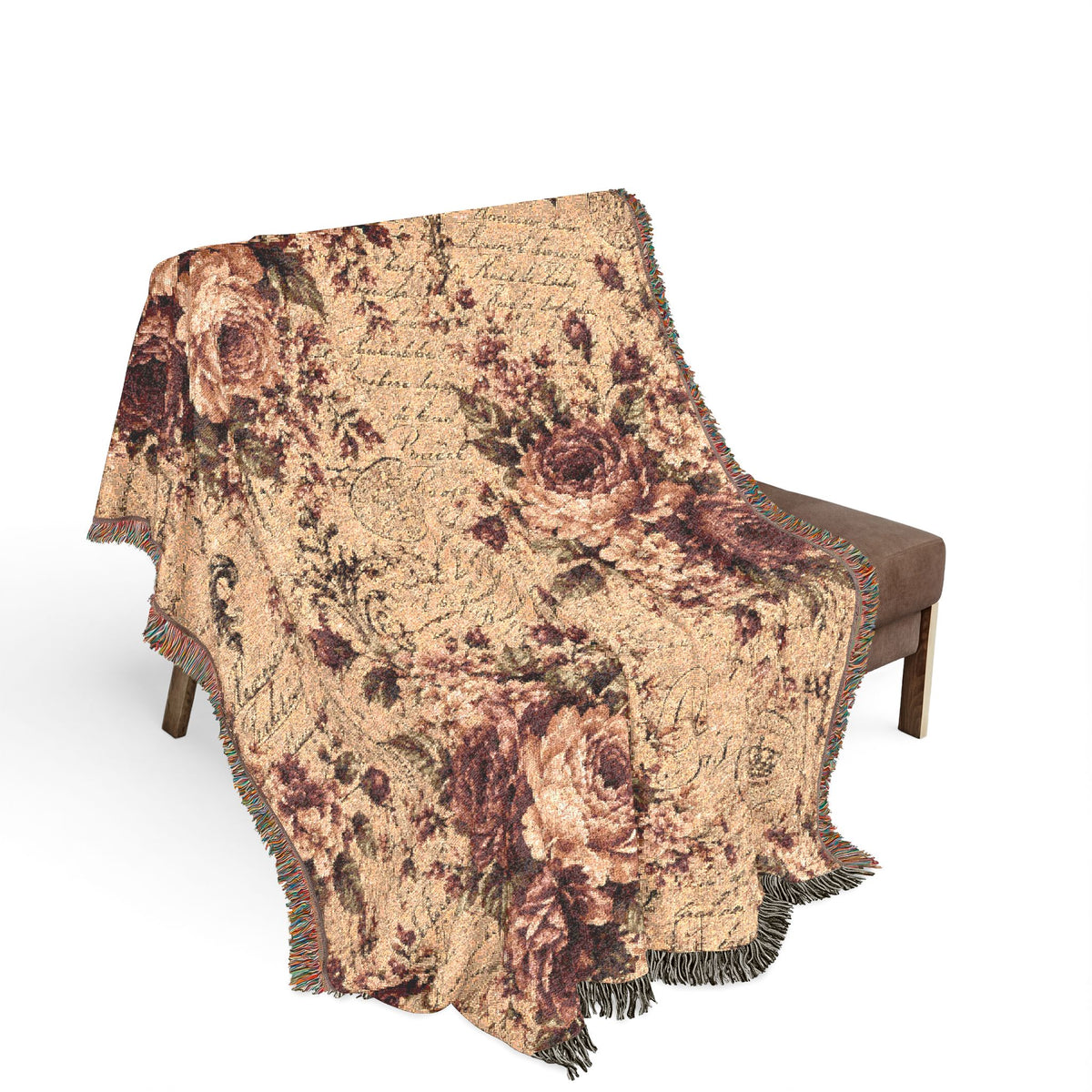 Burgundy Rose French Script Woven Tapestry Blanket – Vintage Chateaucore Floral Throw