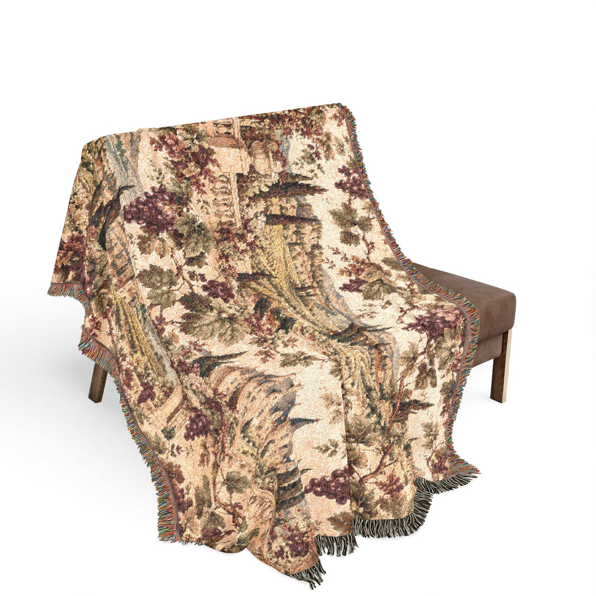 Burgundy French Vineyard Tapestry Woven Blanket – Chateau Garden Throw, Old World French Country Decor