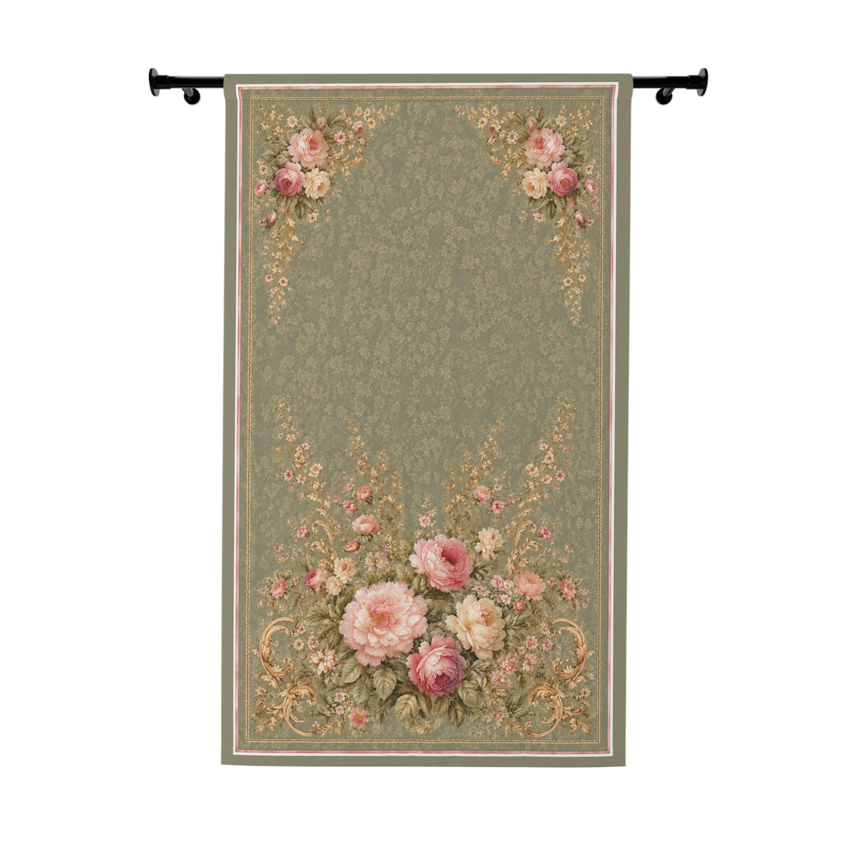 Victorian Sage Gold Pink Floral Rose Pattern Long Black Out Curtains,  Chateaucore French Country  Green Rose Window Curtains