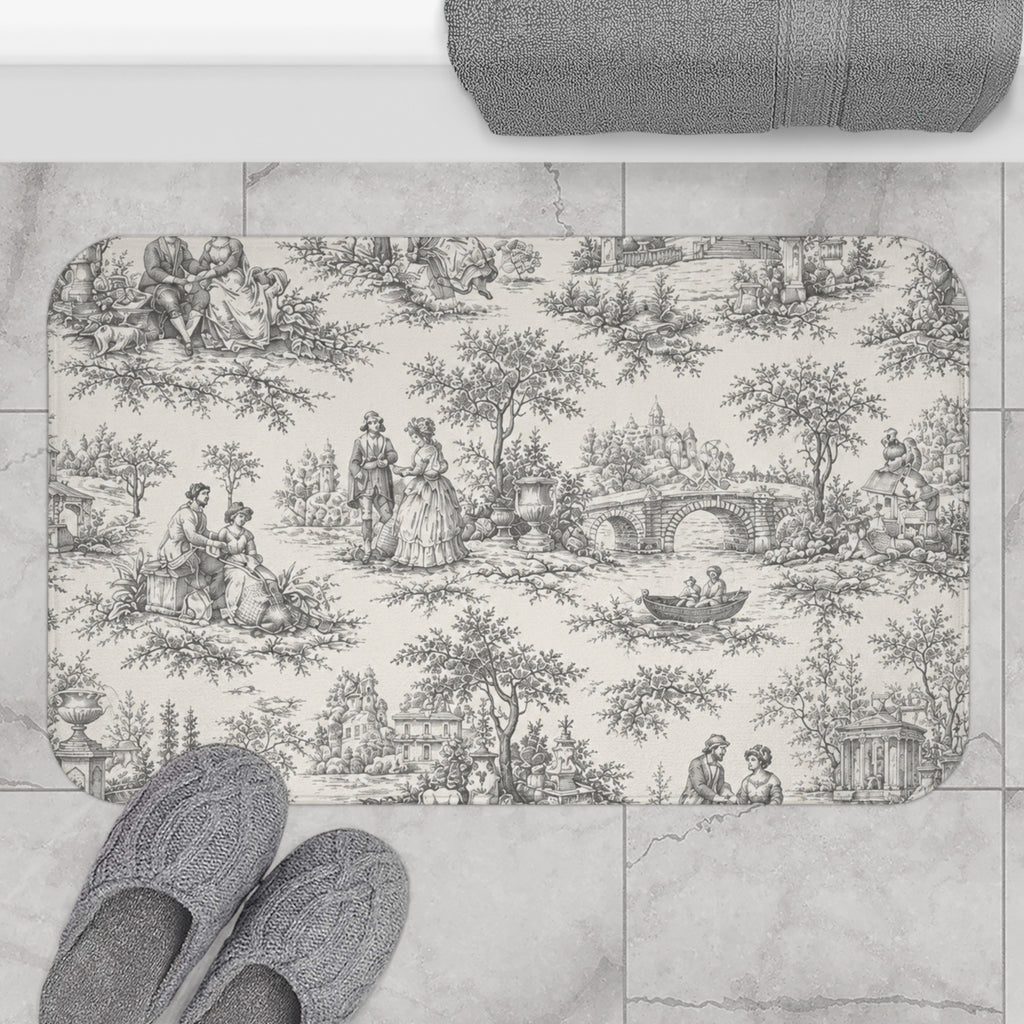 Nickel Gray and Ivory Toile de Jouy Memory Foam Bathmat, French Country Soft Neutral Bathroom Throw Rug, Shabby Chic Victorian Shower