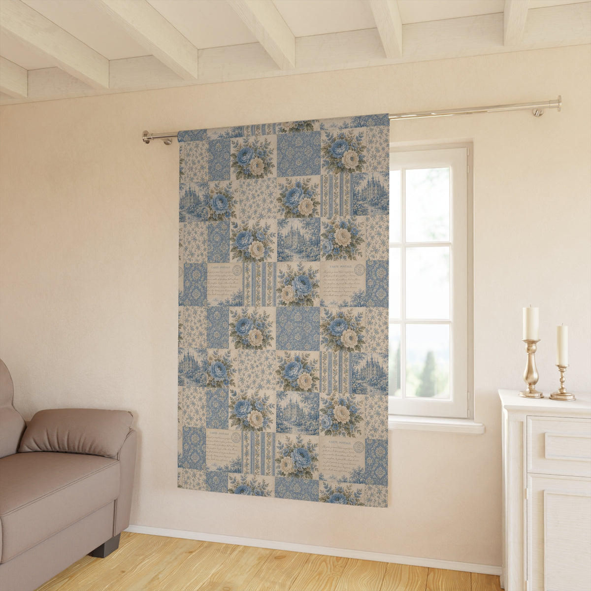 French Country Patchwork Print Blackout Curtains, Blue Toile Floral Drapes Panels, Chateaucore Window Treatment, Cottagecore Decor