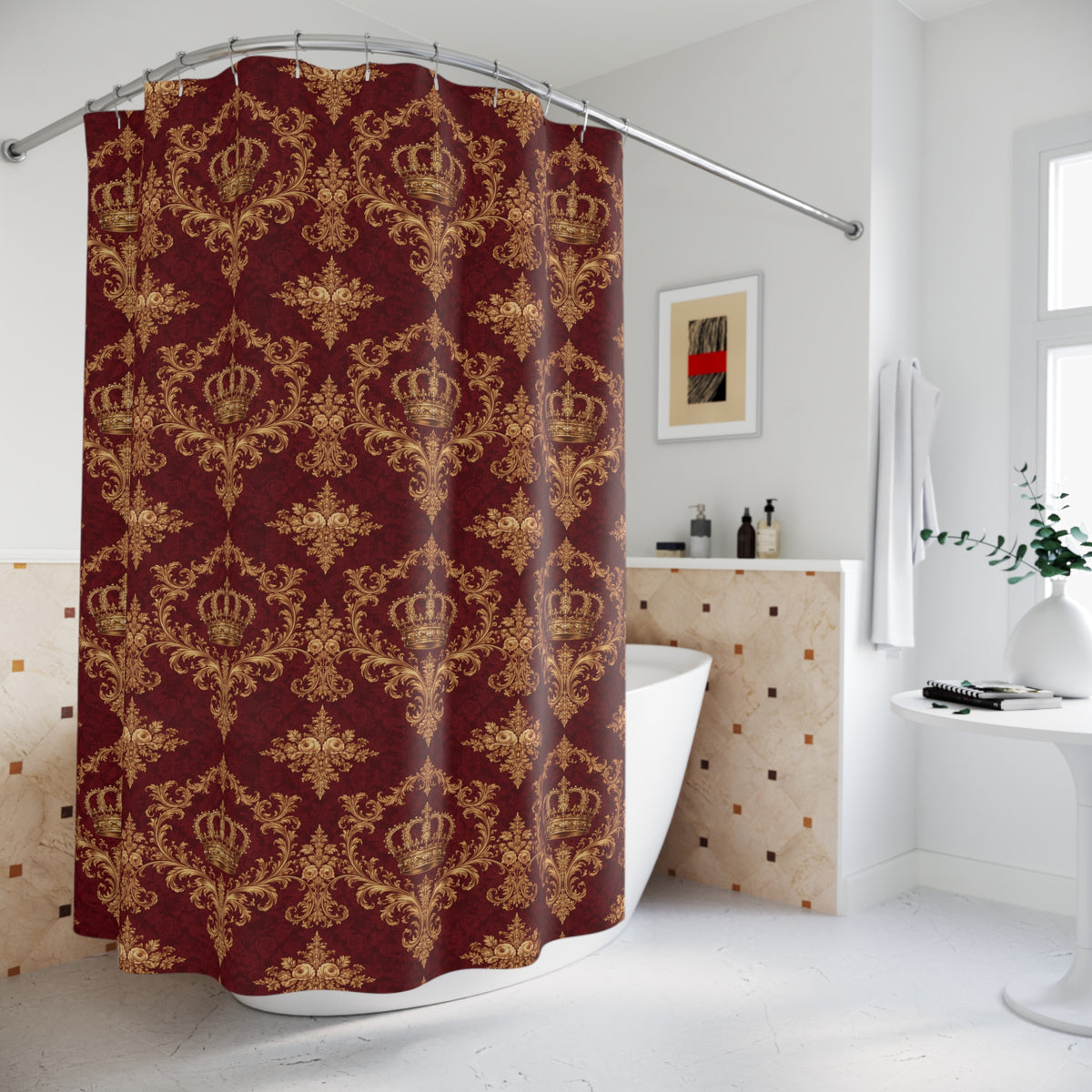 Luxury Burgundy Gold Crown Shower Curtain, Victorian Bathroom Decor, French Country, Rococo Royal Housewarming Gifts
