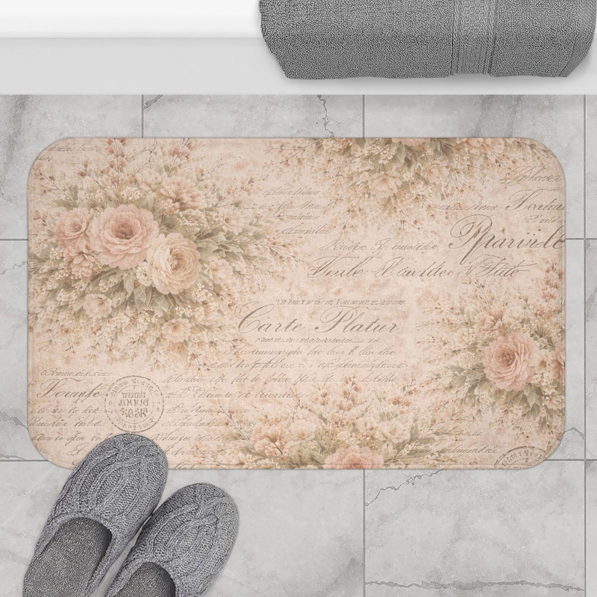 Blush Pink Rose Memory Foam Bathmat, Vintage French Script Floral Bathroom Rug, Shabby Chic French Country Chateaucore Victorian Decor