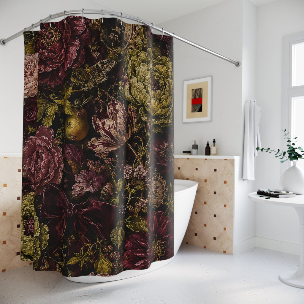 Burgundy Floral Maximalist Fabric Shower Curtain, Moody Botanical Bathroom Decor, Rich Dark Academia Victorian Floral Bath Gift