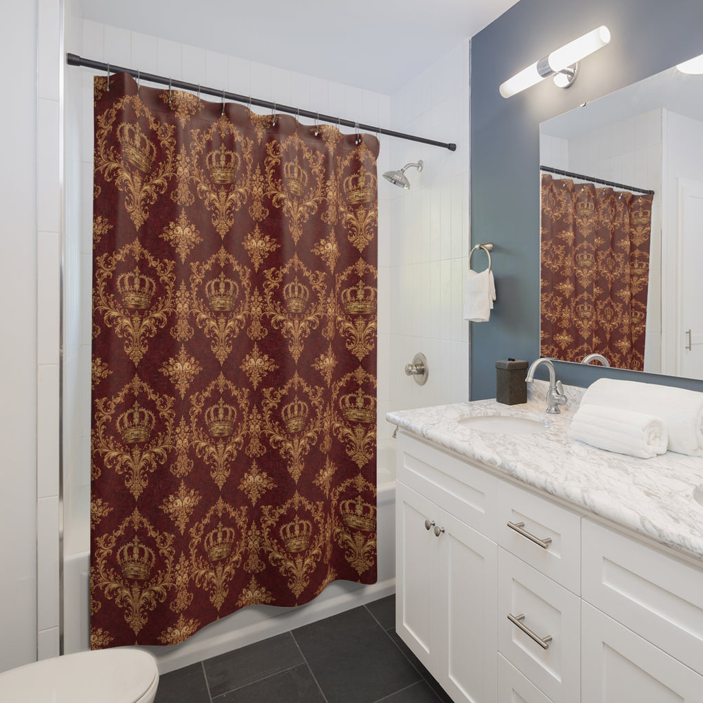 Luxury Burgundy Gold Crown Shower Curtain, Victorian Bathroom Decor, French Country, Rococo Royal Housewarming Gifts
