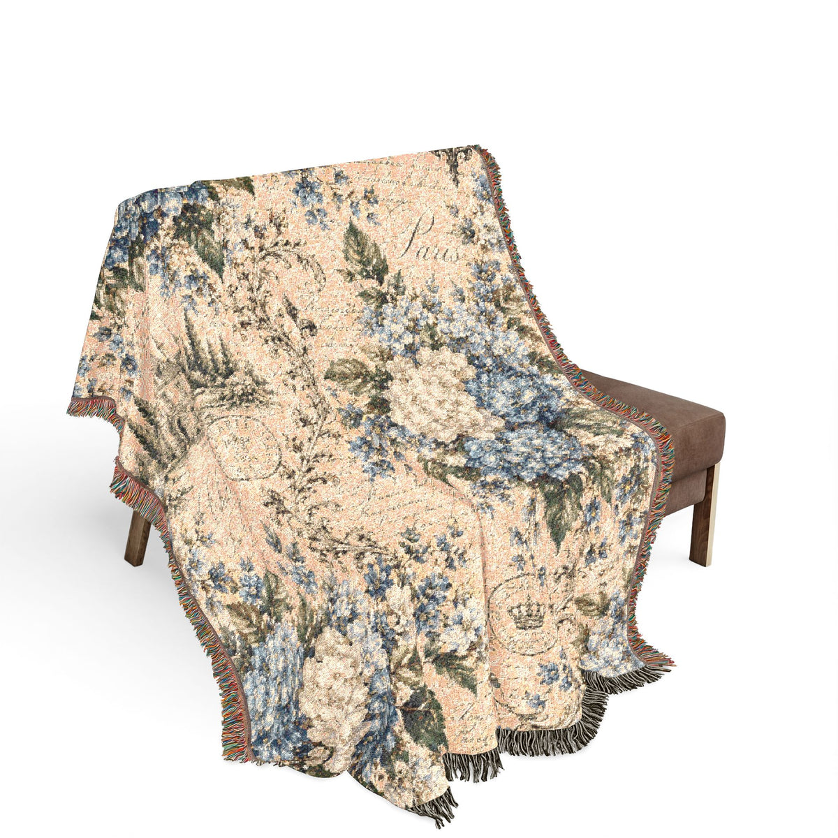 Blue Hydgrangea French Script Woven Throw Blanket – Vintage French Country Heirloom Floral Fringed Quilt, Tapestry Wall Hanging
