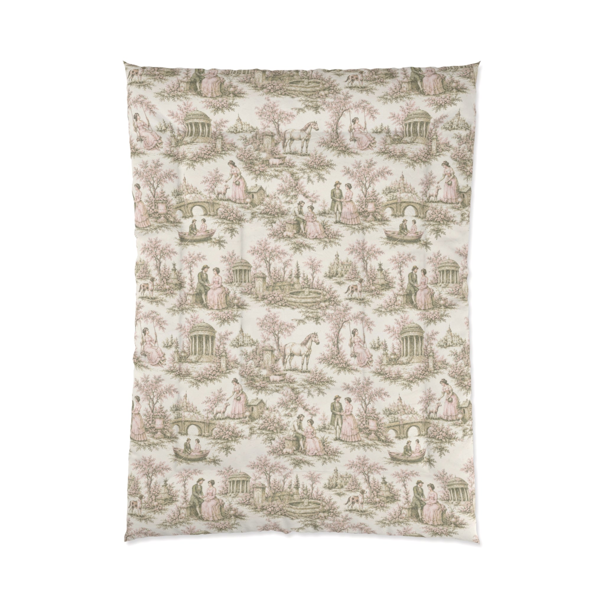 Rare Pink and Sage Toile de Joy Comforter Set, Chateaucore Floral Vintage Style Bedding Shabby Chic Victorian Queen King Twin Size French Bed Spread