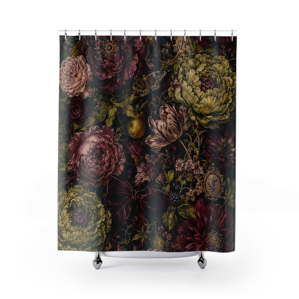 Burgundy Floral Maximalist Fabric Shower Curtain, Moody Botanical Bathroom Decor, Rich Dark Academia Victorian Floral Bath Gift