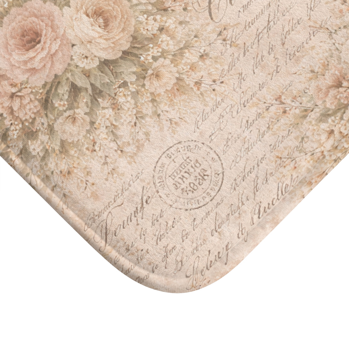 Blush Pink Rose Memory Foam Bathmat, Vintage French Script Floral Bathroom Rug, Shabby Chic French Country Chateaucore Victorian Decor
