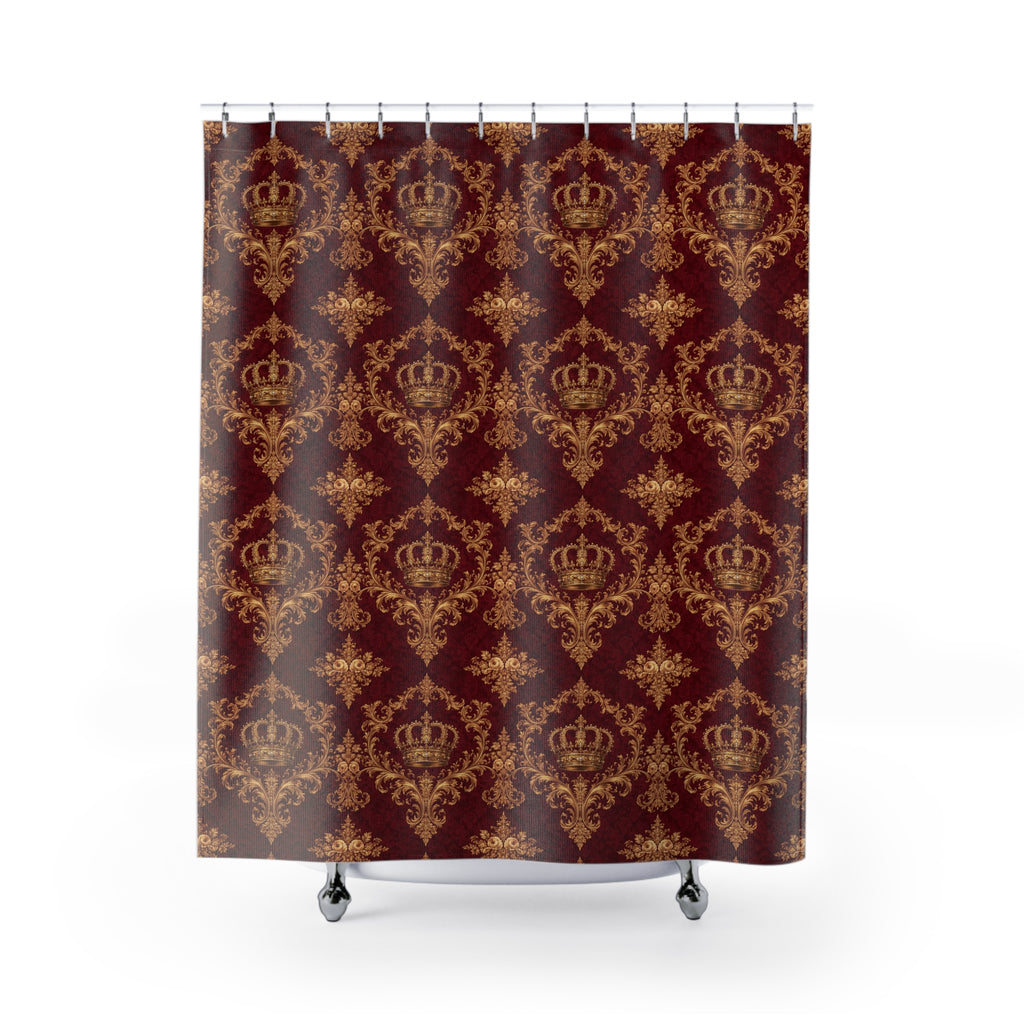Luxury Burgundy Gold Crown Shower Curtain, Victorian Bathroom Decor, French Country, Rococo Royal Housewarming Gifts