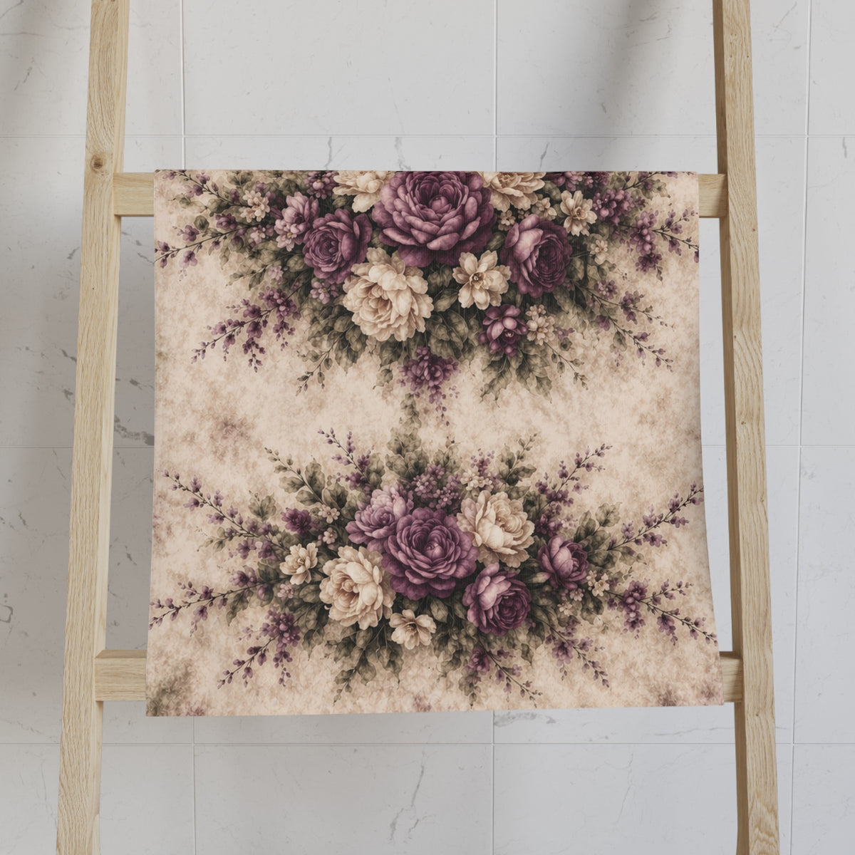 Vintage Mauve Rose Garden 5-Piece Bath Bundle Shower Curtain, Bathmat, Towels Set