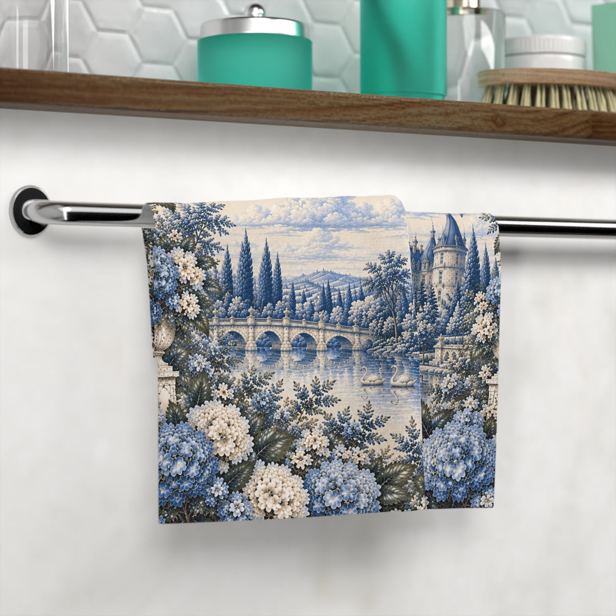 Blue Hydrangea Château Garden Washcloth – French Country Floral Face Cloth, Blue Toile Chateaucore Shabby Chic Bathroom Decor