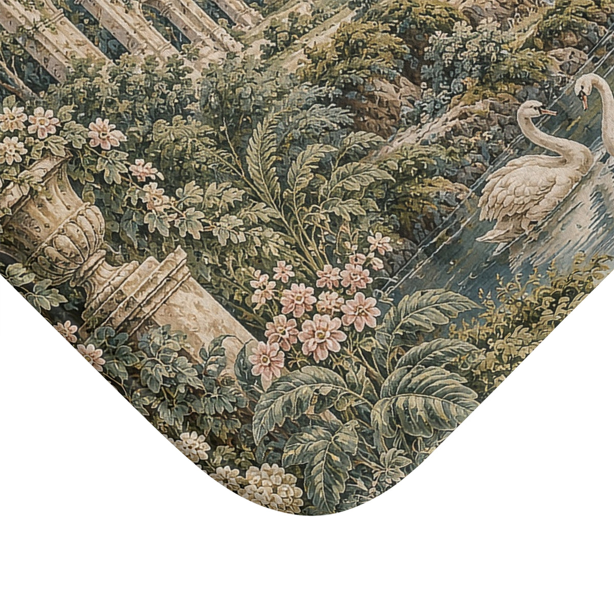 French Verdure Château Garden Memory Foam Bathmat – Vintage Green Aubusson Swans French Country Chateaucore Victorian Floral Bathroom Rug