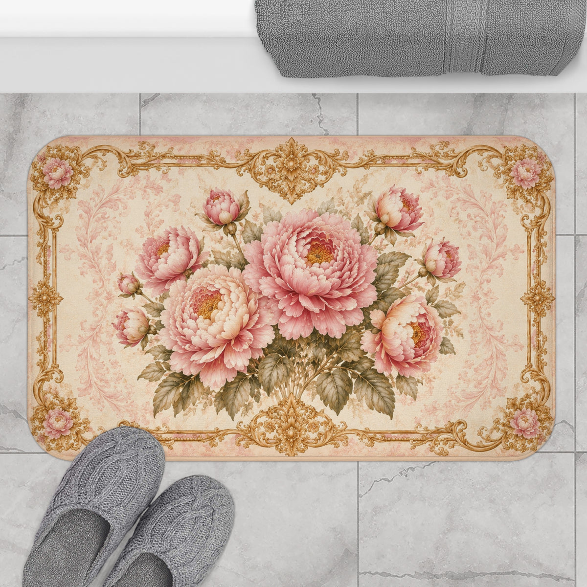 Pink Peony Memory Foam Bath Mat, Victorian Rococo Gold Floral Anti-Slip Bathroom Rug, French Country Chateaucore Shabby Chic Vintage Decor