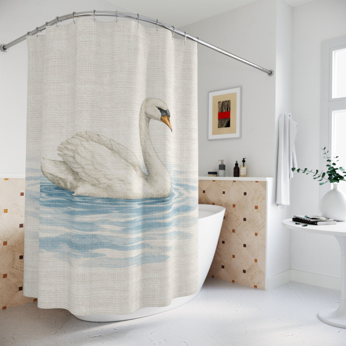 Faux Linen Swan Shower White Blue Curtain, Victorian Bathroom Decor, French Country Cottage, Shabby Chic, Housewarming Wedding Gifts