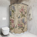 French Botanical Script Fabric Shower Curtain, Hydrangea Roses Peonies Butterflies, Vintage Floral French Country Bathroom