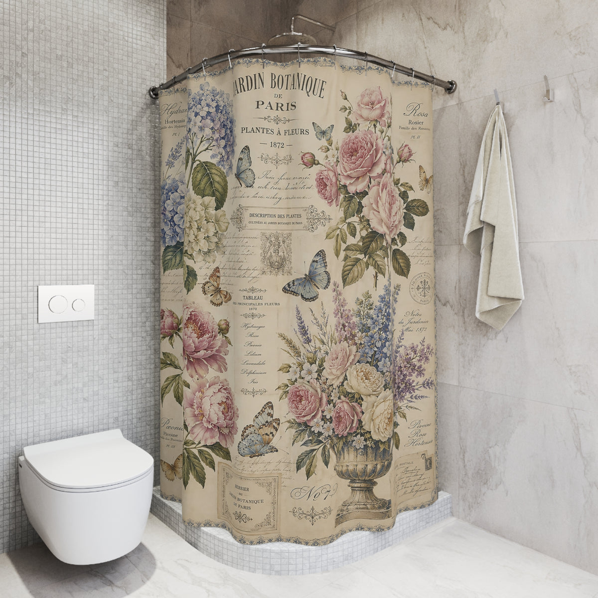 French Botanical Script Fabric Shower Curtain, Hydrangea Roses Peonies Butterflies, Vintage Floral French Country Bathroom
